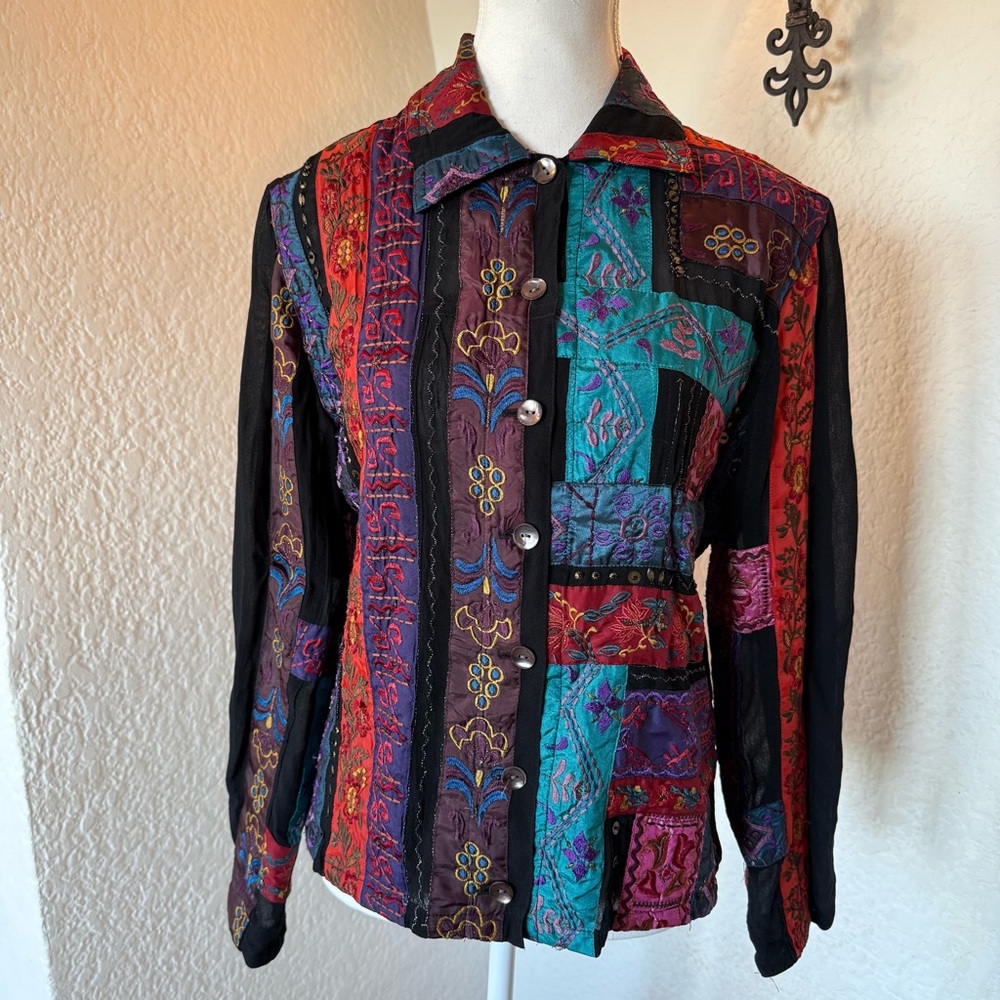 VTG 90's Y2K Chico's Beaded Embroidered Patchwork Hippie Wearable Art Top Sz 0/S